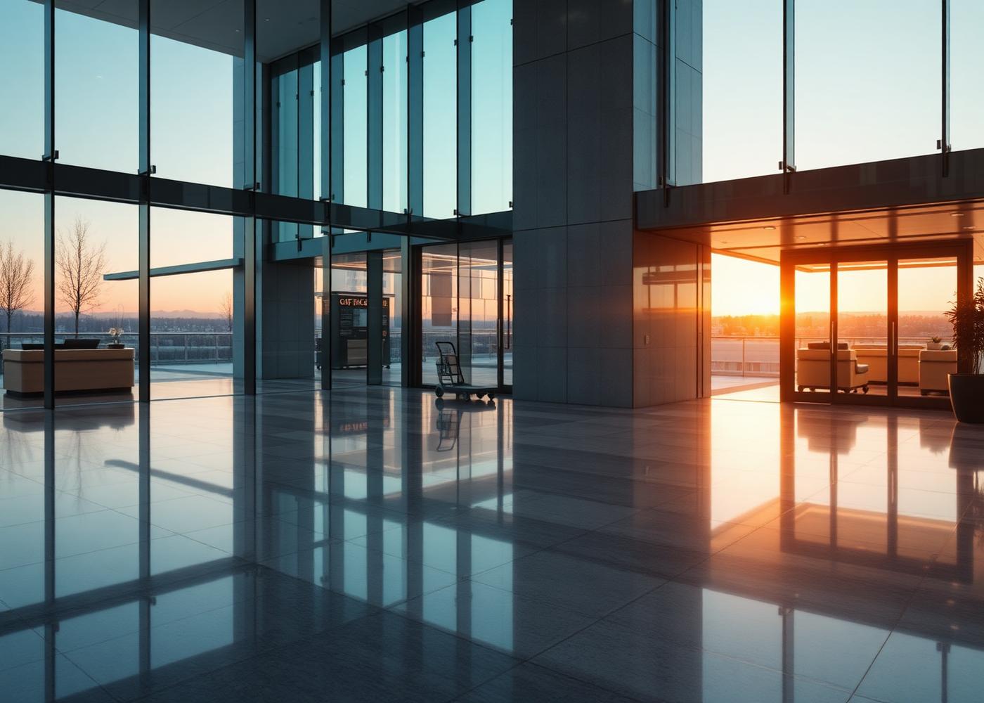 Spotless commercial building lobby with polished stone floors in Sydney