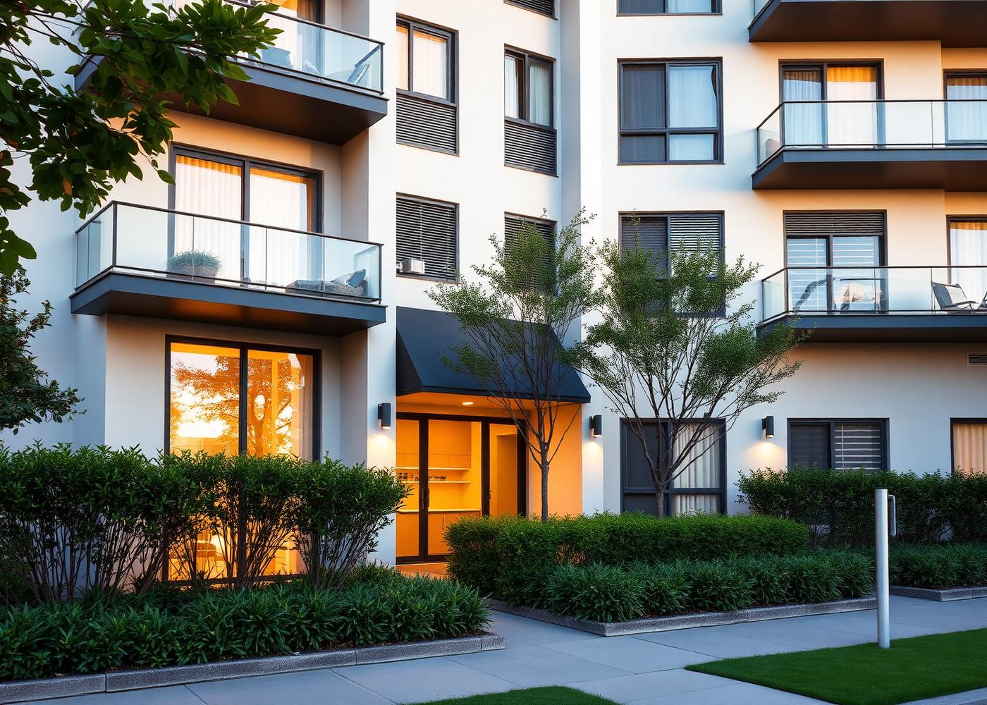 Well maintained modern Sydney apartment building exterior at dusk
