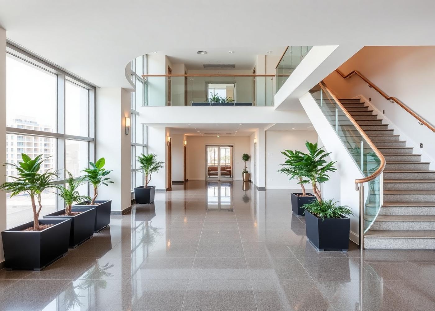 Bright, freshly cleaned apartment building lobby and stairwell